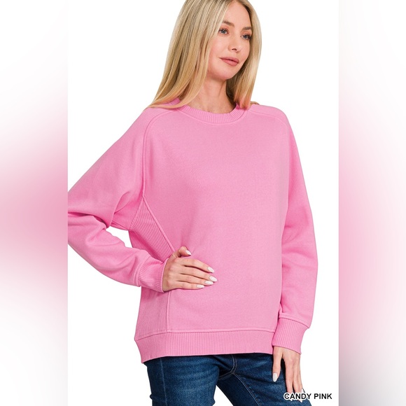 🆕 ZENANA FLEECE ROUND NECK RIBBED SIDE RAGLAN SWEATSHIRTS - Picture 1 of 1